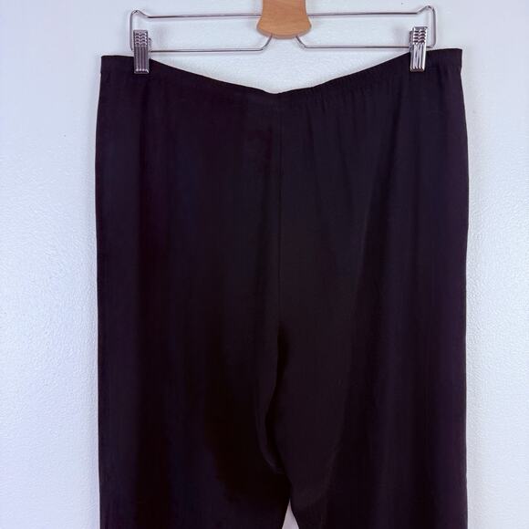 Eileen Fisher 100% Silk Crepe Wide Leg Pants Large Petite Black Pull On Flowy - Picture 6 of 14